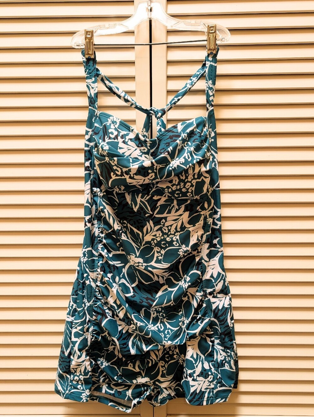 NWT SeaFancy Retro Style Halter-tie & Boy Leg Swimsuit. Dark Green & White. Sz L